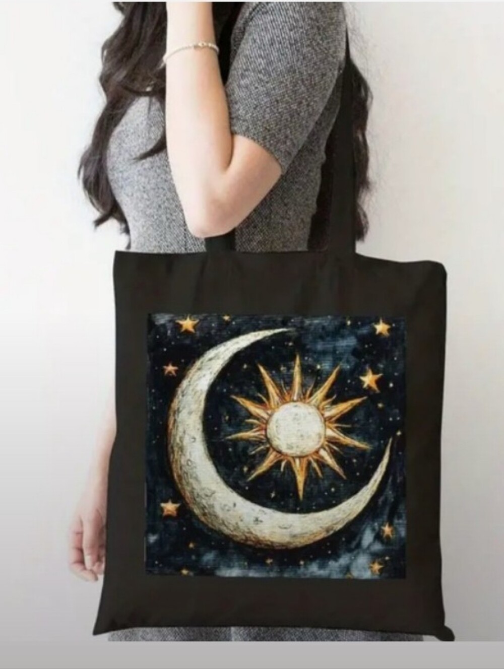 Celestial Crescent Sun Canvas Tote Bag - (Black 🖤)